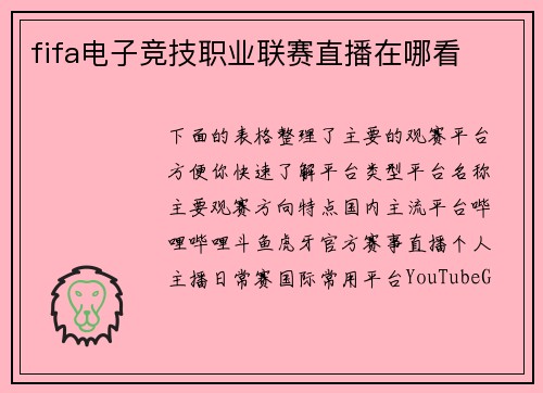 fifa电子竞技职业联赛直播在哪看